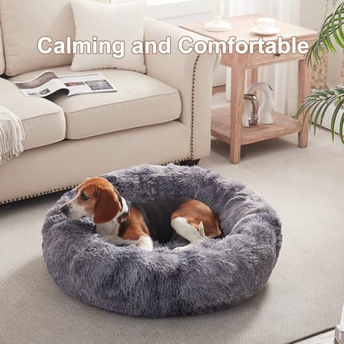 33 in Faux Fur Donut Dog Bed for Medium Plus Dogs, Tie-dye Grey - Image 2