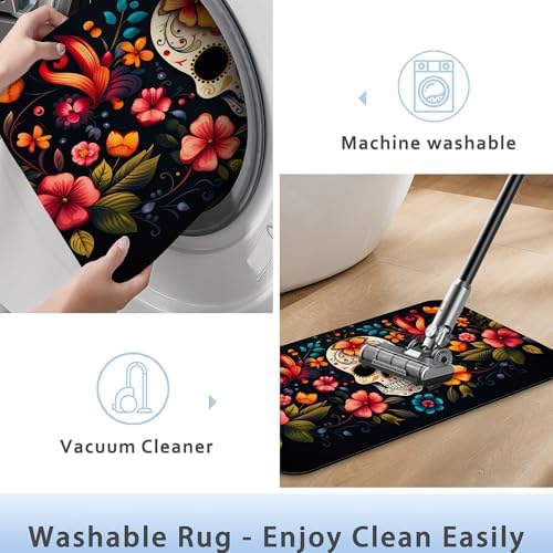 Skull Flowers Bathroom Mat, Non-Slip Rubber Backing Thin Low-Profile Bath Rug - Image 5
