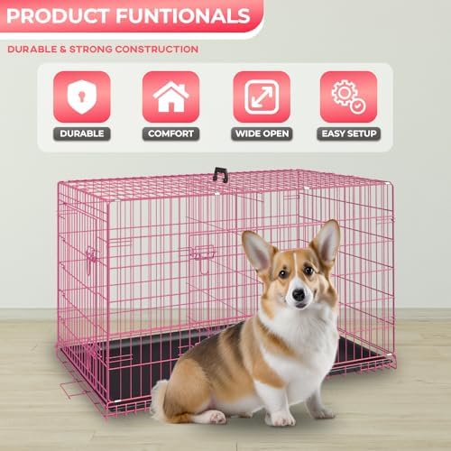 FDW | 24" Foldable Metal Dog Crate | Pink | Cage - Image 2