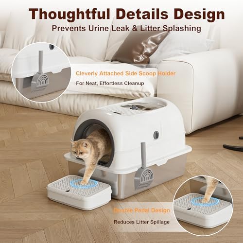 Low Entry High Sided Large Enclosed Cat Litter Box, Stainless Steel Litter Pan - Image 4