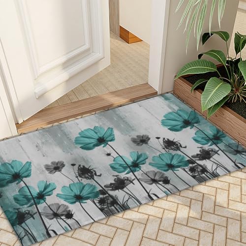 Giwawa Teal Floral Bath Rug Turquoise Flower Bath Carpet Soft Plush Absorbent - Image 7