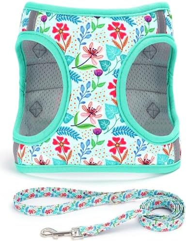Step in Dog Harness Leash Set- All Weather Reflective No-Pull Floral Pattern by MOONPET