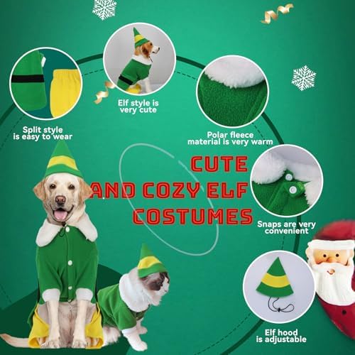 Dog Elf Christmas Outfit with Cap, Funny Party Cosplay Winter Warm Dogs Christmas Outfit (Green, Medium) - Image 4