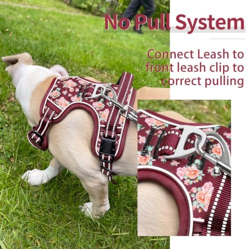 HEELE Large Dog Harness, Reflective, No Pull No Choke, Flower Burgundy - Image 5
