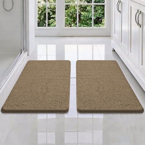 Bcoimo Bath Rugs Mat Set, 2 Piece Non Slip Chenille Latte Bathroom Mat Sets by Bcoimo