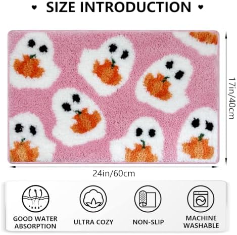 MEHOFOND Halloween Pink Ghost Pumpkin Non-Slip Bathroom Rug, 17x24 Inch - Image 2