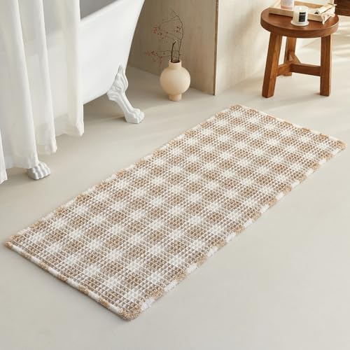 TYUU Waffle Runner Rug Bathroom, Long Boho Bath Mat, 60x24 Khaki & White by TYUU