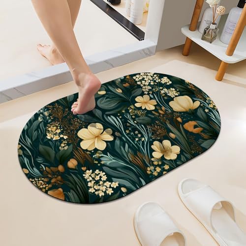 Dark Teal Leaves Flowers Super Absorbent Quick-Drying Bathroom Mat Rug by ZHUZHISHAN