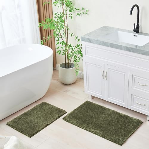 CozeCube Olive Green Shaggy Bath Mat 32"x20" Non Slip Washable Rug - Image 4