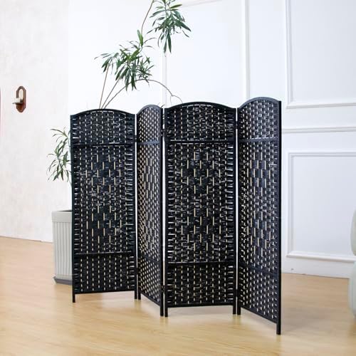 4-Panel Short Room Divider, 3.9 ft Freestanding Partition Wall, Natural Black by Loomveil