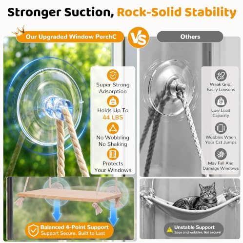 Cat Window Perch Hammock with Upgraded 4 Suction Cups Soft Cushion Wood Bed - Image 2