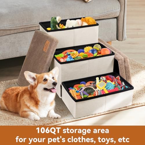 Zerbuger Dog Stairs with Storage Khaki Furry Lids 3 Steps Dog Ramp no Condo - Image 4