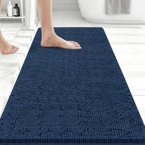 Bcoimo Bath Rug Mat, Chenille Extra Soft Navy Long Bathroom Runner Floor Rug by Bcoimo