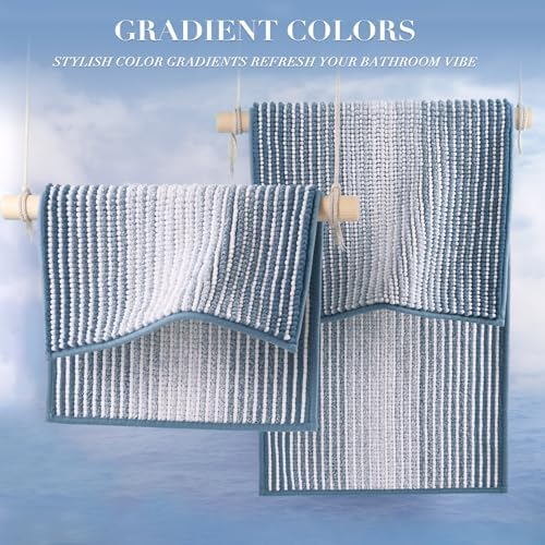 BSICPRO Bathroom Rugs Sets 2 Piece, Non Slip Striped Bath Mats, Fog Blue - Image 4