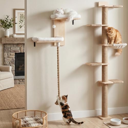 Cat Wall Shelves Set with 2 Washable Beds & 4.92FT Scratching Post - Image 3