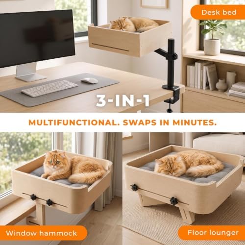3-in-1 Cat Desk Bed, Cat Window Hammock & Elevated Floor Bed – Wooden Window - Image 2