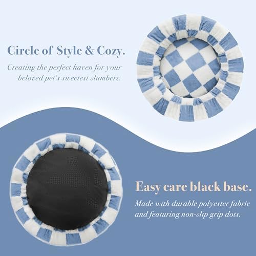 Ohocut Checkered Cat Dog Bed, Cute Blue Retro Style Aesthetic Round Warming Pet - Image 4