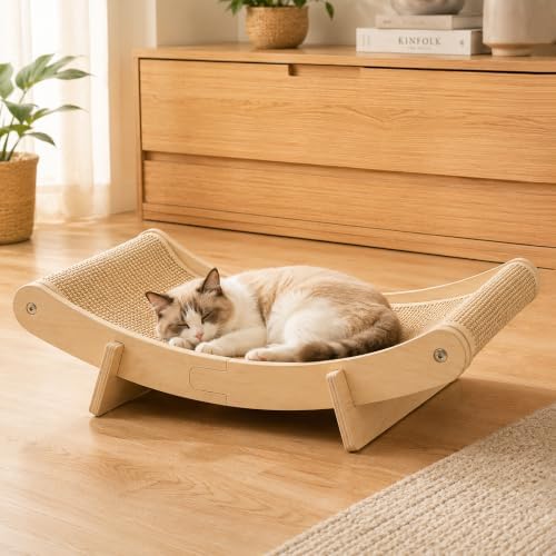 PETKARAY Inclined Sisal Cat Scratcher Bed, Curved Wooden Cat Hammock Chair by PETKARAY