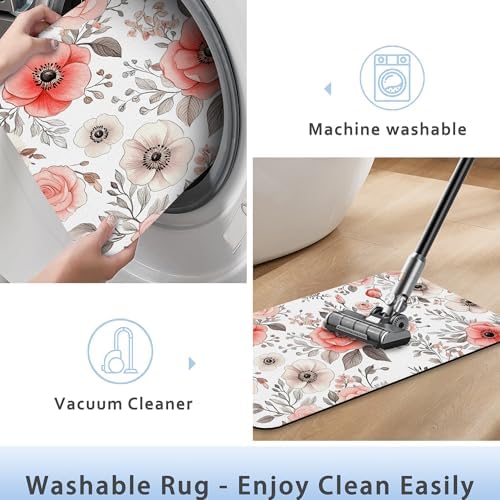 Vintage Poppy Flowers Bathroom Rug 29.5"x17", Super Absorbent Fast Drying Bath - Image 5