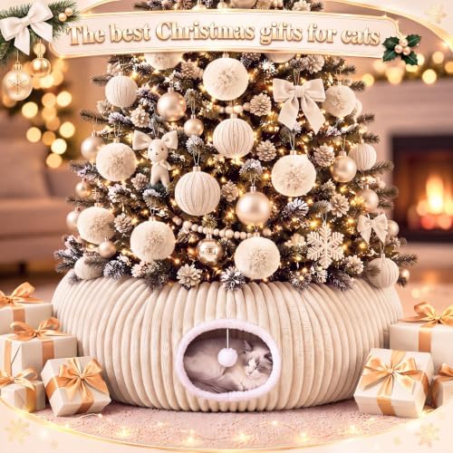 Christmas Tree Cat Tunnel 36 in Donut Bed, Beige, Flannel, Corduroy - Image 6