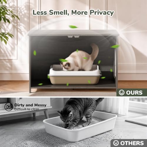 Hidden Cat Litter Box Enclosure Furniture, Dog Proof Kitty Washroom Cabinet - Image 3
