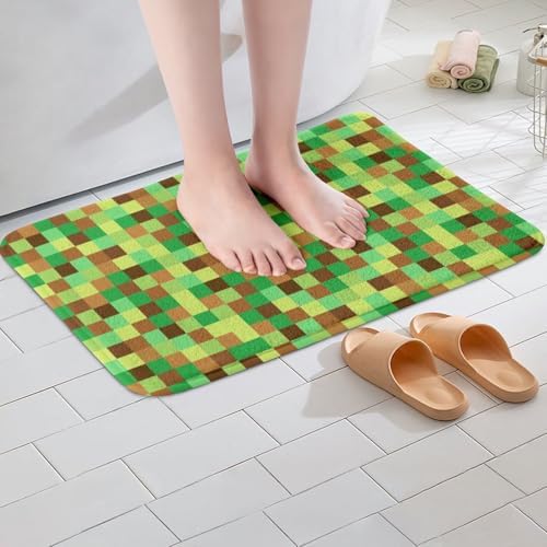 Pixelated Grid Bathroom Rug, Geometric Camo Blocks Non Slip Bath Mat - Image 2