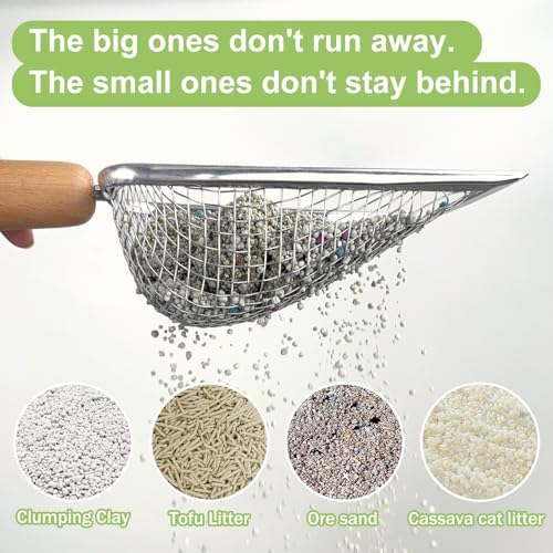 XBX Cat Litter Scoop with Holder – Metal Mesh Litter Scooper, Wooden Handle - Image 2