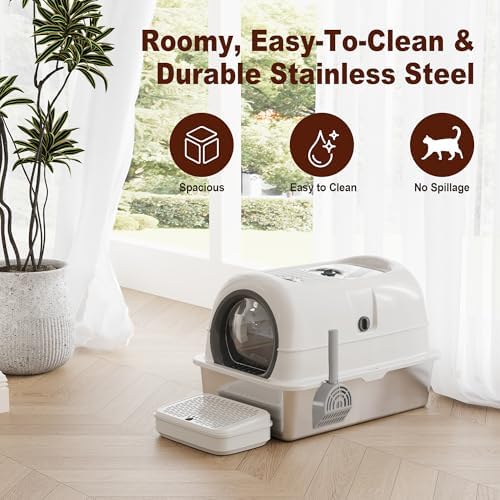 Low Entry High Sided Large Enclosed Cat Litter Box, Stainless Steel Litter Pan - Image 2