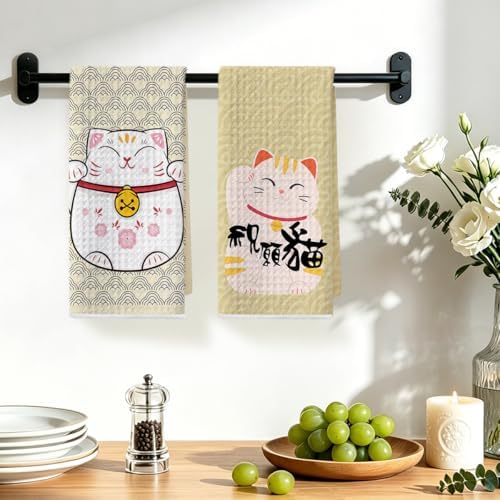 2 Pcs Japanese Lucky Cat Kitchen Towels, Cat Gifts Reusable Dish Towels - Image 4