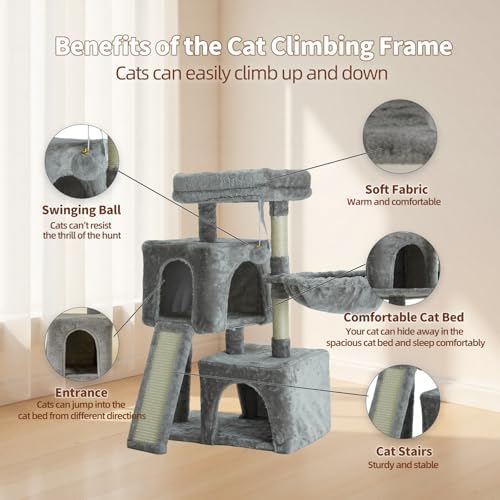 35.8 Inch Cat Tree Double Beds Hammock Scratcher Perch Toy Ball Grey Upgraded - Image 3