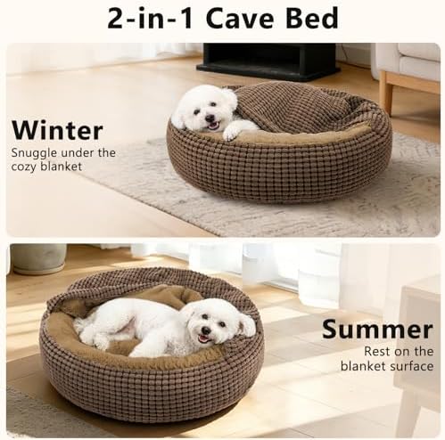 Small Dog Bed with Attached Blanket, Cozy Donut Cuddler Anti-Anxiety Hooded Pet - Image 2