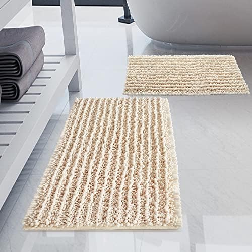 Luxury Chenille Cream Bathroom Rugs Sets 2 Piece, Thickened Hot Melt Rubber by HVERONNEX
