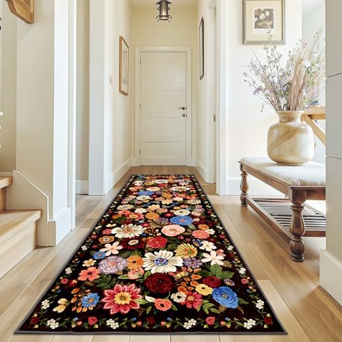 Black Brown Floral Hallway Runner Rug 3x7 by WelcometoBabovid