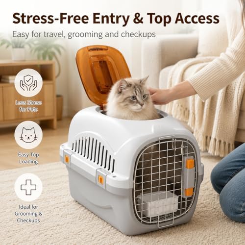 Hard Cat Carrier for Large Cats up to 20 lbs, Top Loading Plastic Pet Travel - Image 3