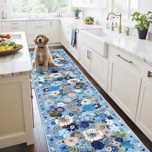 Blue Floral Hallway Runner Rug for Bedroom Kitchen - Image 6