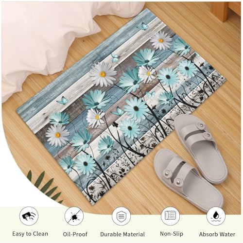 Giwawa Daisy Floral Bath Rug Rustic Wood Bathtub Mat Soft Absorbent Non Slip - Image 5