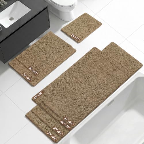 Bcoimo Bath Rug Mat, 48x24 Chenille Non Slip Tan Long Bathroom Runner Rugs - Image 2
