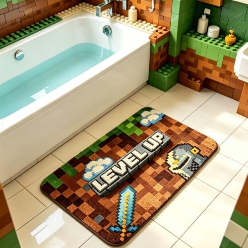 Manfei Pixel Bath Mat, Pixelated Sword Helmet Kids Mats Rugs, Girls Boys Room by Manfei