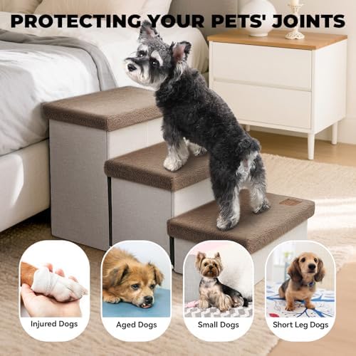 Zerbuger Dog Stairs with Storage Khaki Furry Lids 3 Steps Dog Ramp no Condo - Image 5
