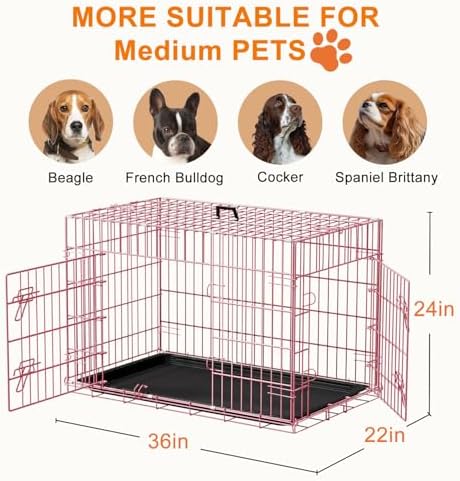 FDW | 36" Foldable Metal Dog Crate | Pink | Cage - Image 7