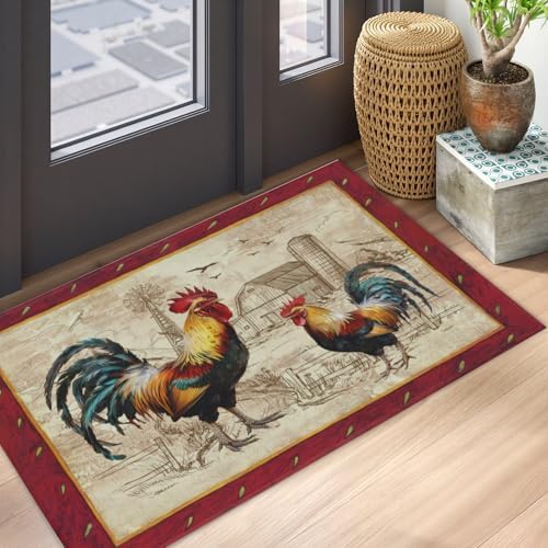 Giwawa Farm Rooster Bath Rug Red Rustic Chicken Bathroom Mat Absorbent Bath - Image 5