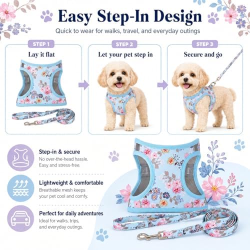 Step in Dog Harness Leash Set- All Weather Reflective No-Pull Floral Pattern - Image 3