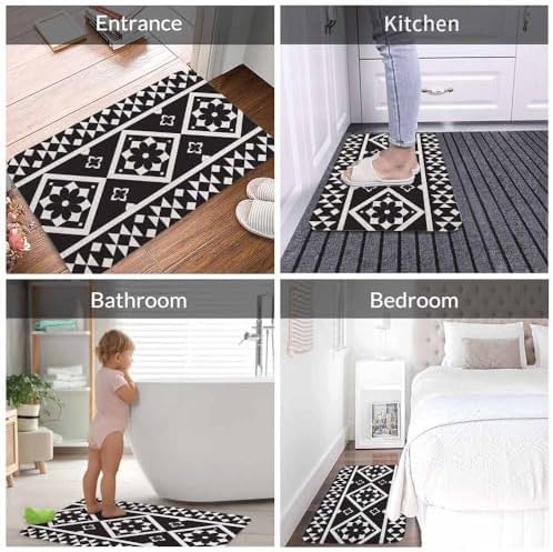 Geometric Ethnic Pattern Bathroom Mat Rugs Black and White Microfiber Faux - Image 4