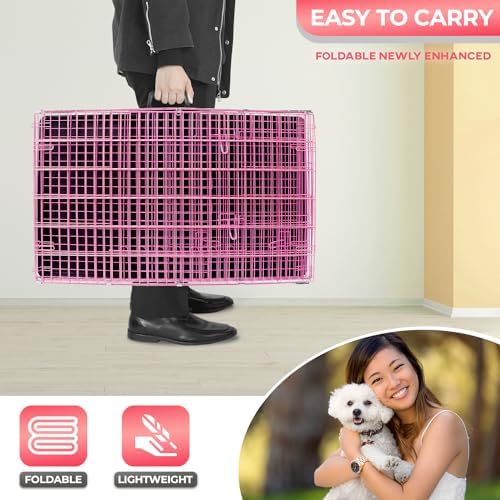 FDW | 24" Foldable Metal Dog Crate | Pink | Cage - Image 5