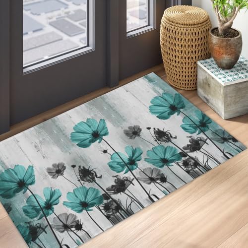 Giwawa Teal Floral Bath Rug Turquoise Flower Bath Carpet Soft Plush Absorbent - Image 5
