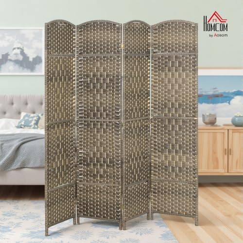 HOMCOM 4 Panel Room Divider 6 Ft Privacy Screen Hand-Woven Dark Rustic Oak - Image 2