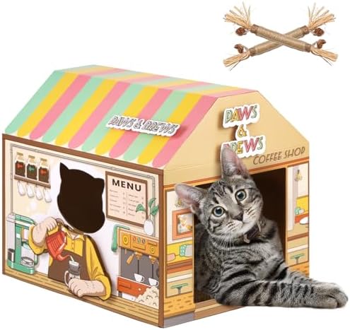 SEKAM Cardboard Cat House with Scratcher/Catnip, Kitty Coffee Shop by SEKAM