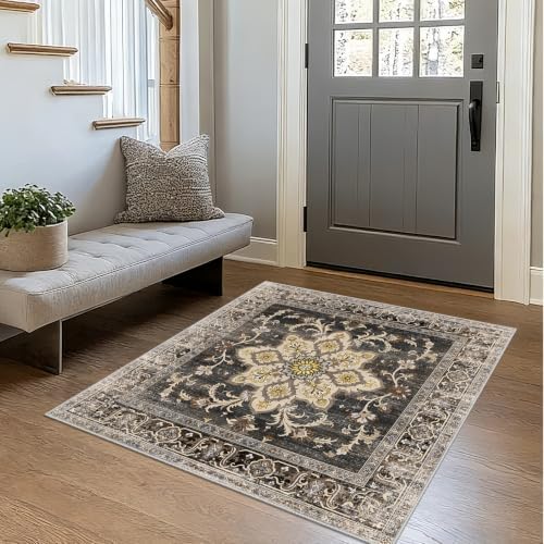 Square 4x4 Rug Soft Non Slip Washable Indoor Carpet Black/Gold - Image 2