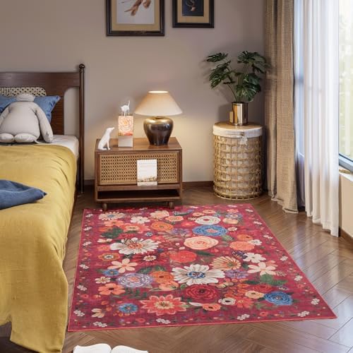 Red Garden Floral Area Rug 4x6 for Bedroom Dining Room - Image 6