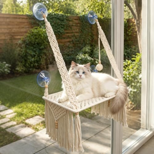 Macrame Tassel Boho Cat Window Perch, 17.7”-11.8” Metal Frame Window Bed by Kazazoo